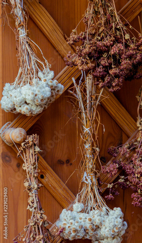 Dry beatiful flowers, hanging on the wooden door.
