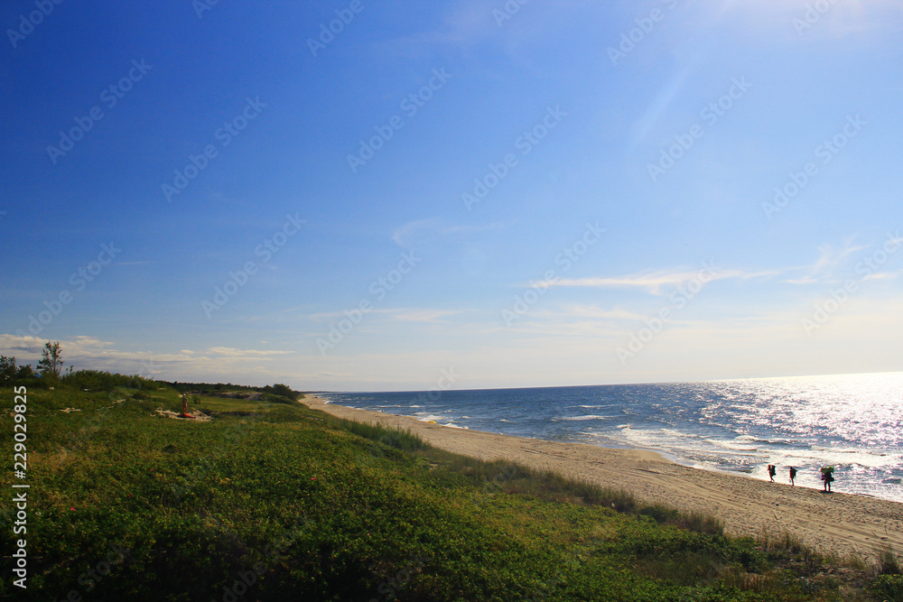 Tourists on a summer sunny day walk along the sandy beach Tourists on a summer sunny day walk along the sandy beach