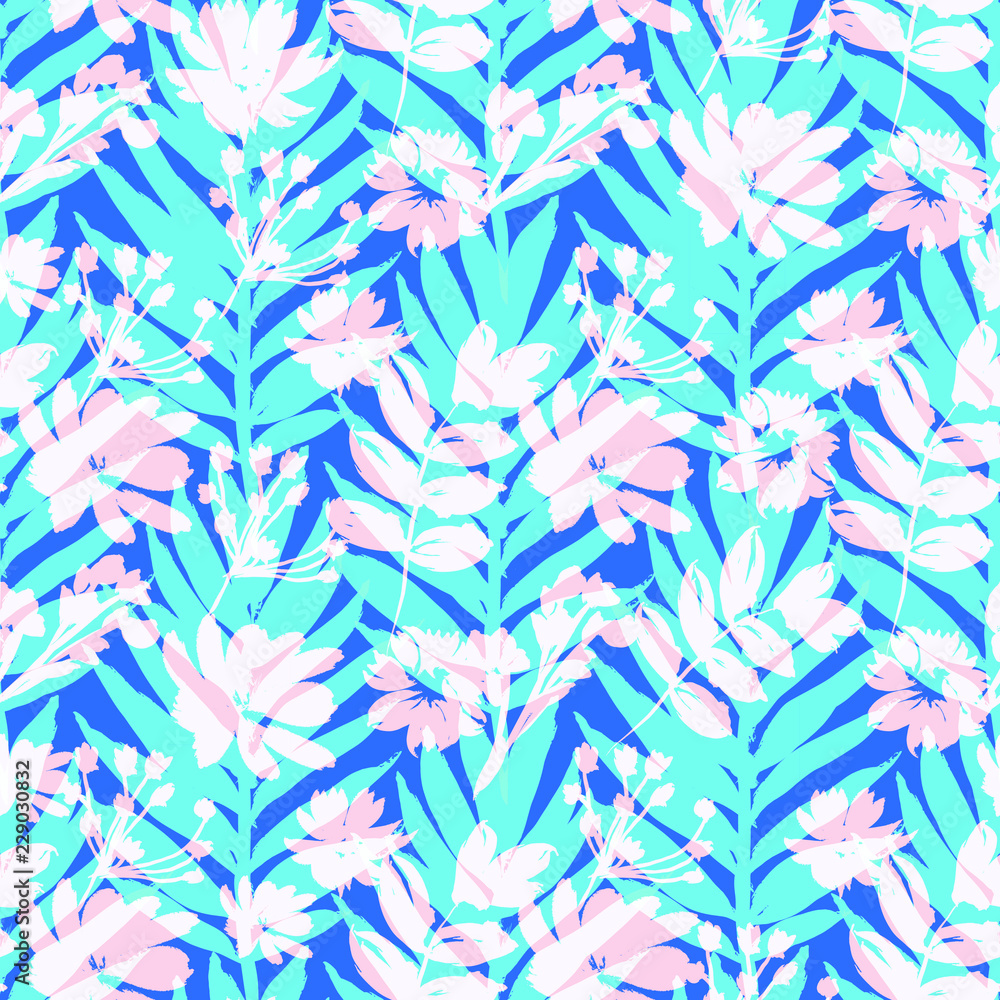 Beautiful Seamless Pattern Print with Flowers and Leaves on Black Background. Colorful design for fabric, wallpaper, gift paper, blog,web ,invitation. Beautiful Seamless Pattern Print with Flowers and Leaves on Black Background. Colorful design for fabric, wallpaper, gift paper, blog,web ,invitation.