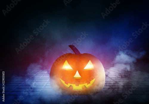 Dark halloween background. Glowing pumpkin on a concrete floor with fog, smog, neon light and cobweb
