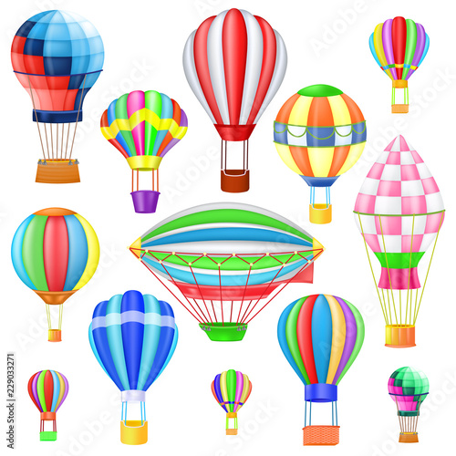 Air balloon vector cartoon air-balloon or aerostat with basket flying in sky and ballooning adventure flight illustration set of ballooned traveling flying toy isolated on white background