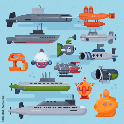 Submarine vector sea pigboat or marine sailboat underwater and ship transport in deep ocean illustration nautical set of shipping boat with periscop undersea transportation isolated on background