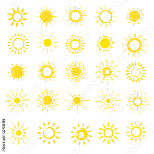 Sun vector sunny icon with yellow sunlight and sunshine light heat graphic design illustration set of bright sunburst weather sign sunset or sunrise isolated on white background