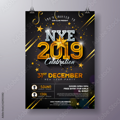2019 New Year Party Celebration Poster Template Illustration with Shiny Gold Number on Black Background. Vector Holiday Premium Invitation Flyer or Promo Banner.