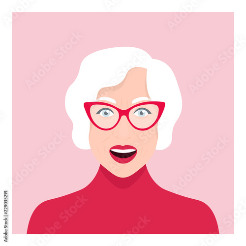Happy grandmother. Old woman. Portrait of a pensioner. Active old age. Vector flat illustration