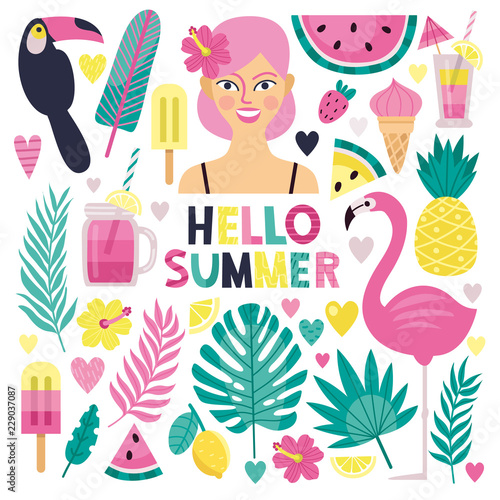 Set of stylish summer elements: tropical leaves, fruit, ice cream and cocktails. Bright summer tropical icons.