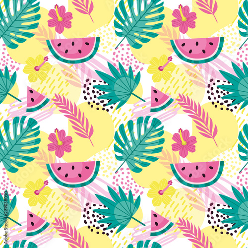 Bright vector pattern with tropical fruits and geometric shapes. Bright background in the style of 90 years.
