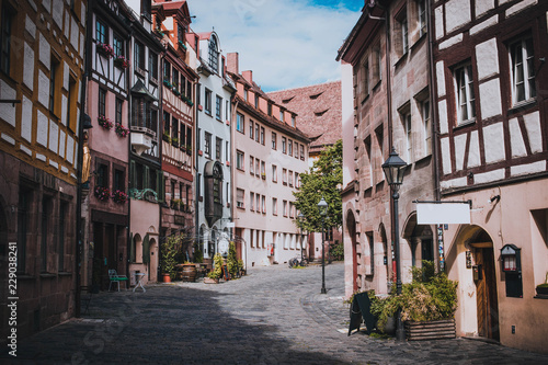 Typical european styles alleyway in Nuremberg, Bavaria, Germany. The area has many restaurants and cafes