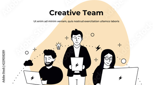 Flat Line design graphic image concept, website elements layout of Creative team. Icons Collection of Creative Work Flow Items. Vector Illustration