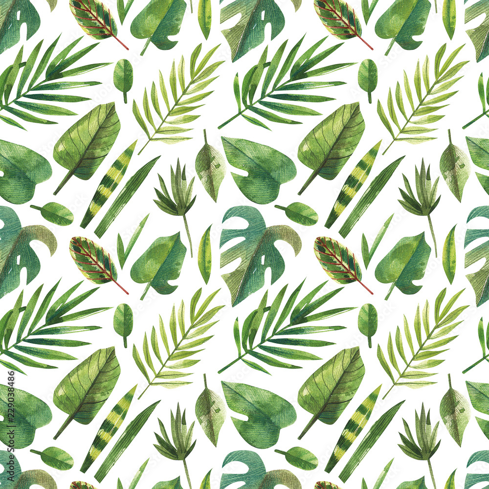 Fototapeta premium Watercolor seamless pattern with green plants.