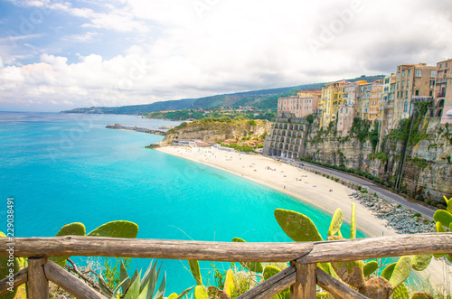 Cuadro en lienzo Tropea town colorful stone buildings on top of cliff, Calabria, Italy