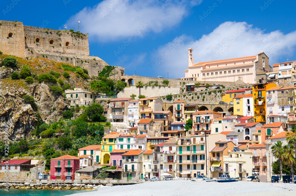 Beautiful town Scilla with medieval castle on rock, Calabria, Italy
