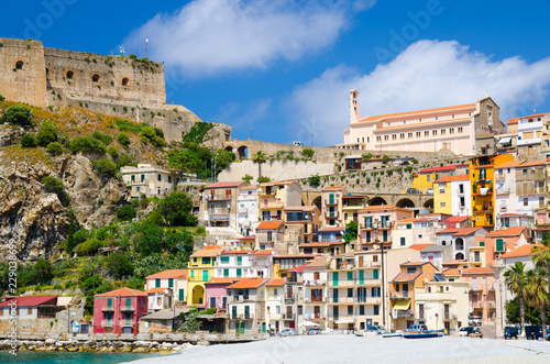 Beautiful town Scilla with medieval castle on rock, Calabria, Italy