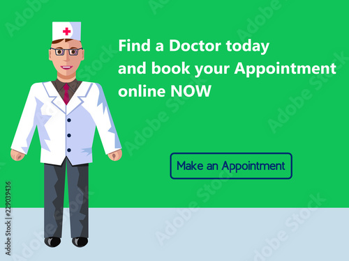 Online medicine. Doctor's appointment. Web banner design consept. Vector flat illustration with green background.