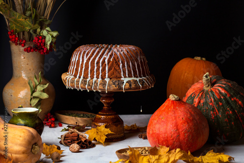 homemade pumpkin bundt cake with creamy frosting photo