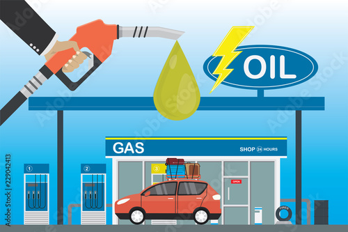 Gas station,red car and supermarket,Fuel pump in hand man