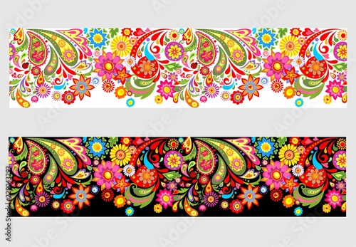 Seamless summery floral border with colorful abstract flowers © Eva105
