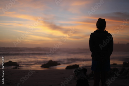 dog and woman on the beach at sunset