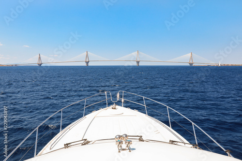 The Rio Antirrio Bridge or Charilaos Trikoupis Bridge, photo taken from the boat during summer holidays 2018.