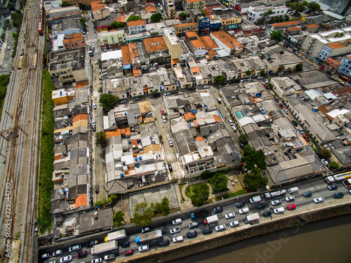  Great cities  great avenues  houses and buildings. Light district  Bairro da Luz   Sao Paulo Brazil  South America. Rail and subway trains. Aerial view of State Avenue next to the Tamanduatei River 