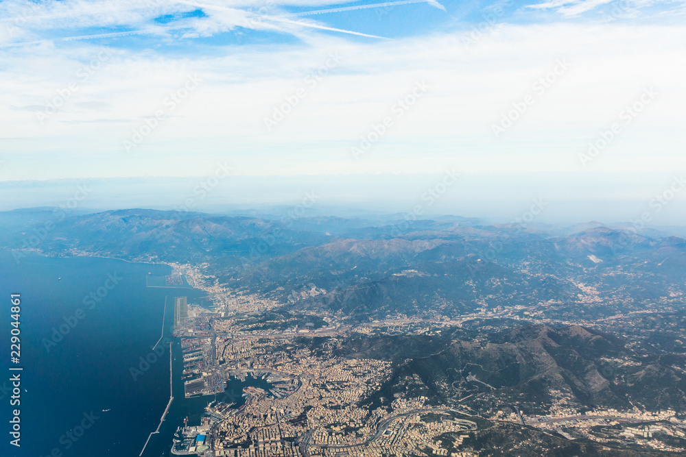 Genova Italy - Airport, Harbour and central city - aerial view 