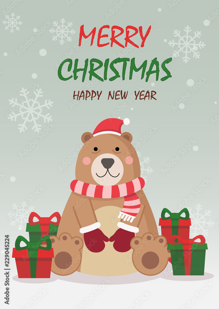 Merry Christmas and happy new year greeting card,banner with cute bear wear Christmas costume and gifts. Cartoon character vector. Merry Christmas and happy new year greeting card,banner with cute bear wear Christmas costume and gifts. Cartoon character vector.