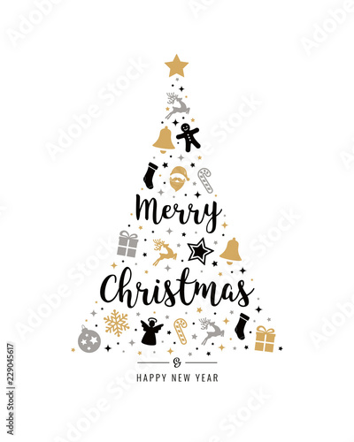 christmas tree gold black icon elements lettering white background