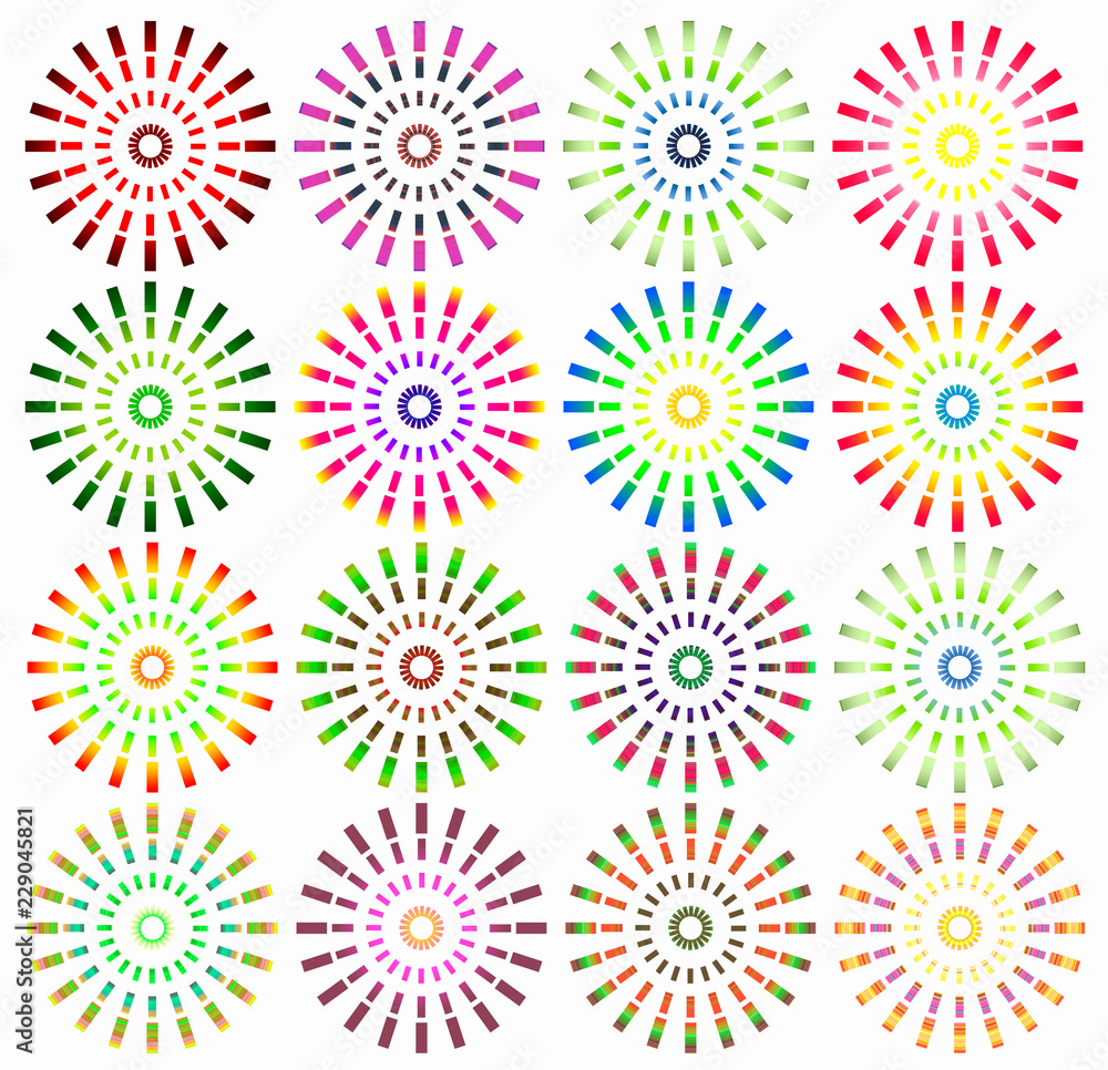Fototapeta premium Circular stars of different colors arranged symmetrically.