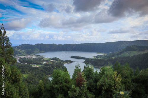 Beautiful lagoon surrounded by mountains. Ancient volcano crater. Seven Cities lagoon Azores Islands Portugal