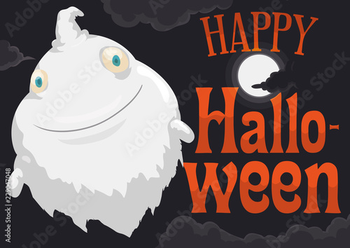 Chubby Ghost Flying during Full Moon Night of Halloween, Vector Illustration