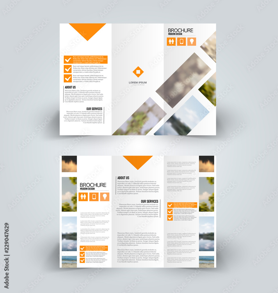 Brochure template. Business trifold flyer.  Creative design trend for professional corporate style. Vector illustration. Orange color.