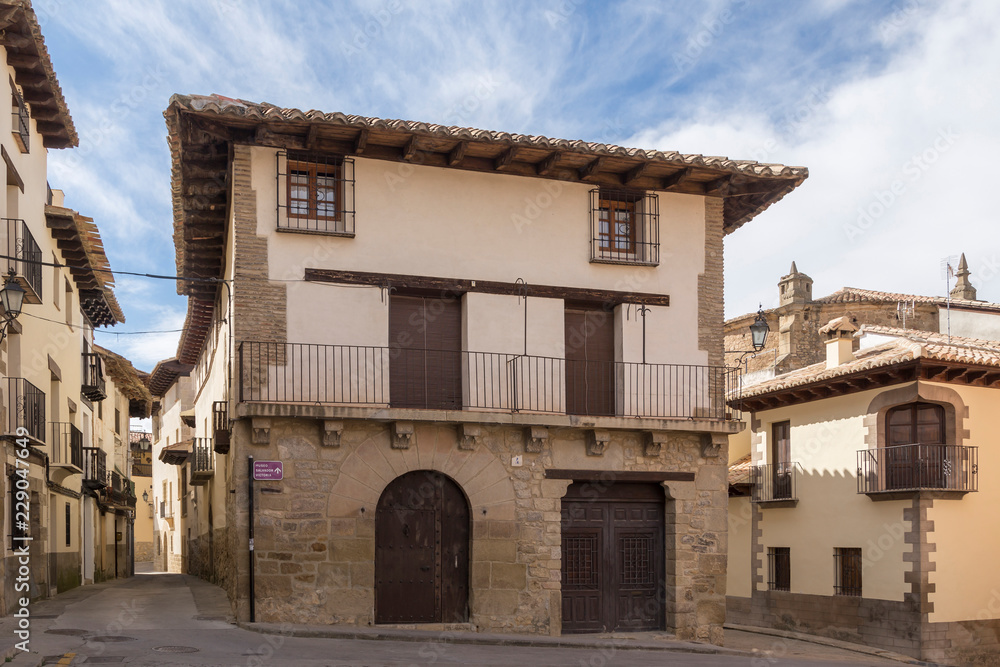 Square with unique building in Rubielos de Mora, tourist town of Castellón, Spain
