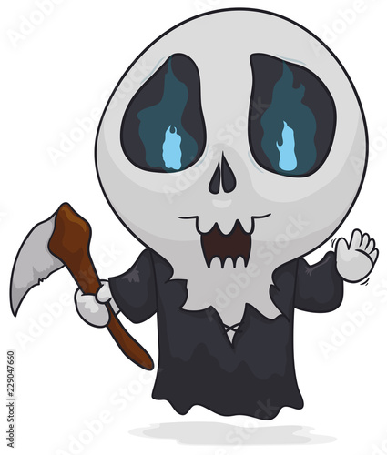 Cute Death Character Ready for Halloween Celebration, Vector Illustration