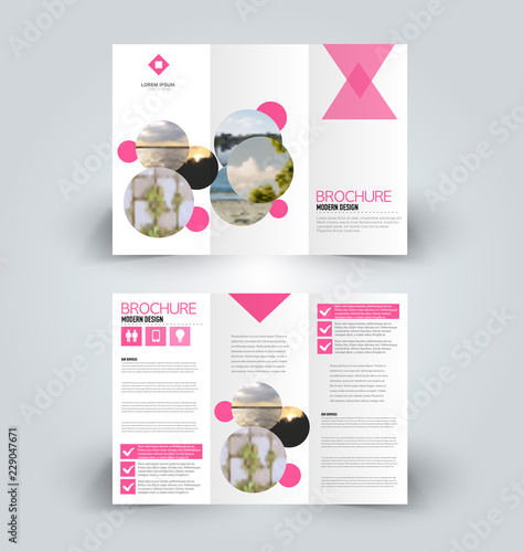 Brochure template. Business trifold flyer.  Creative design trend for professional corporate style. Vector illustration. Pink color.