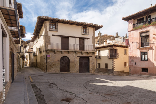 Square with unique building in Rubielos de Mora, tourist town of Castellón, Spain