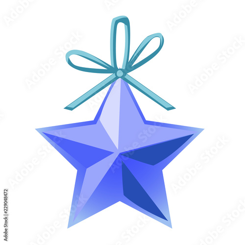 Christmas toy in the form of a blue five-pointed star isolated on white background. Vector illustration.