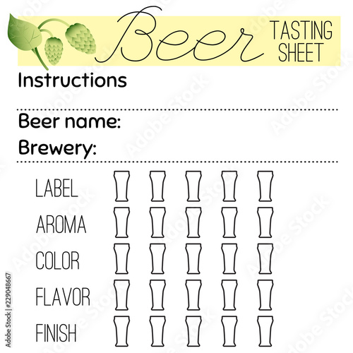 Beer tasting sheet template. Tasting notes for beer festival. Scorecard for distillery. Vector illustration