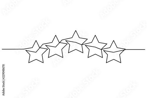 Continuous one line drawing. Five stars customer product rating review icon. Vector illustration