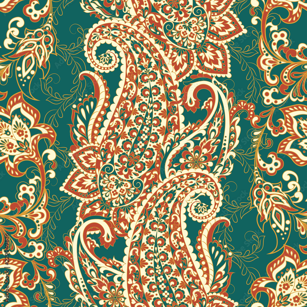 Floral seamless pattern with paisley ornament. Vector illustration in Asian textile style