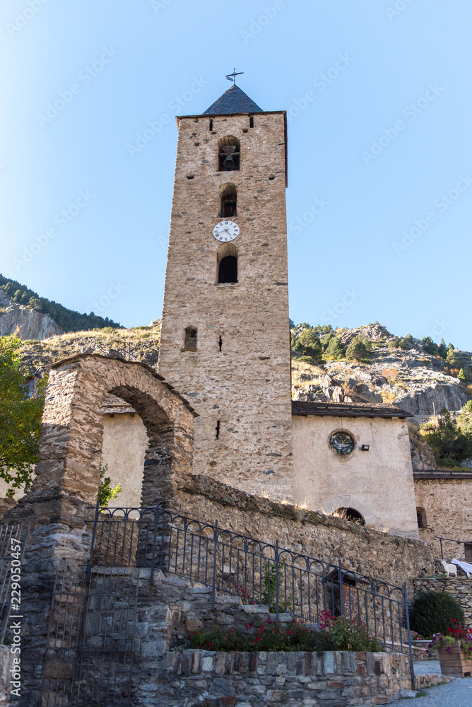 Church of Sant Serni in autumn in Canillo, Andorra.