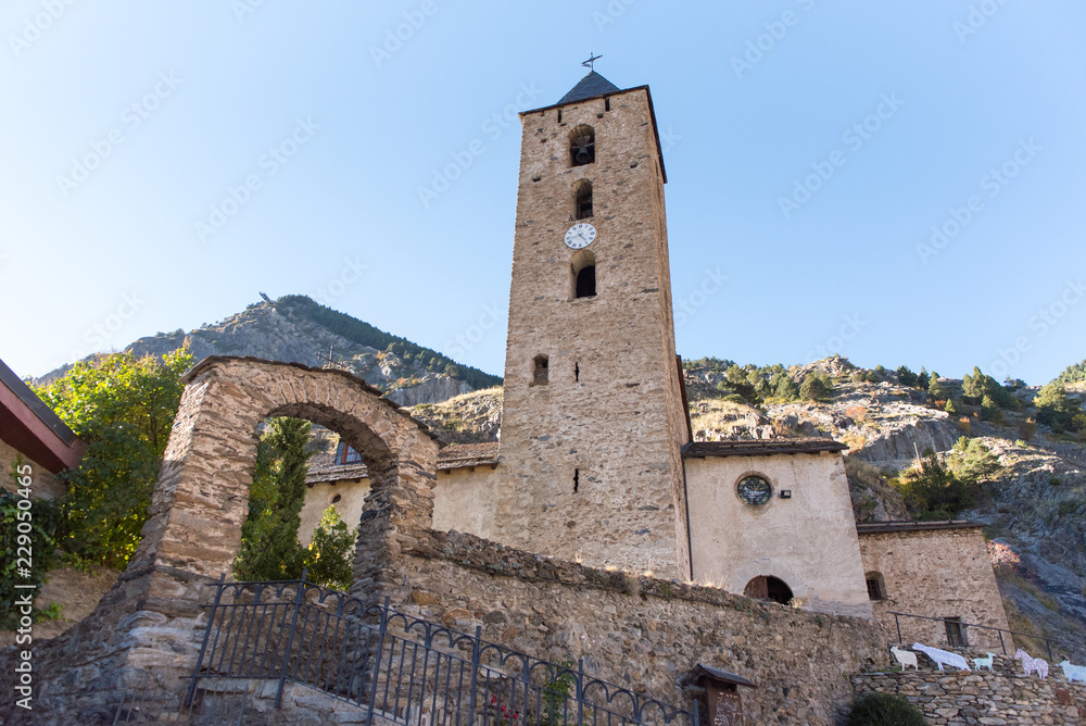 Church of Sant Serni in autumn in Canillo, Andorra.