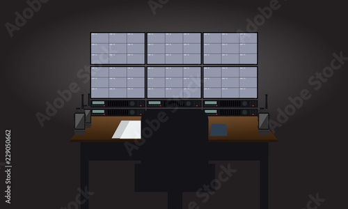 Empty Workplace security guard room. Tv sets showing surveillance cameras view. Flat color style Vector illustration