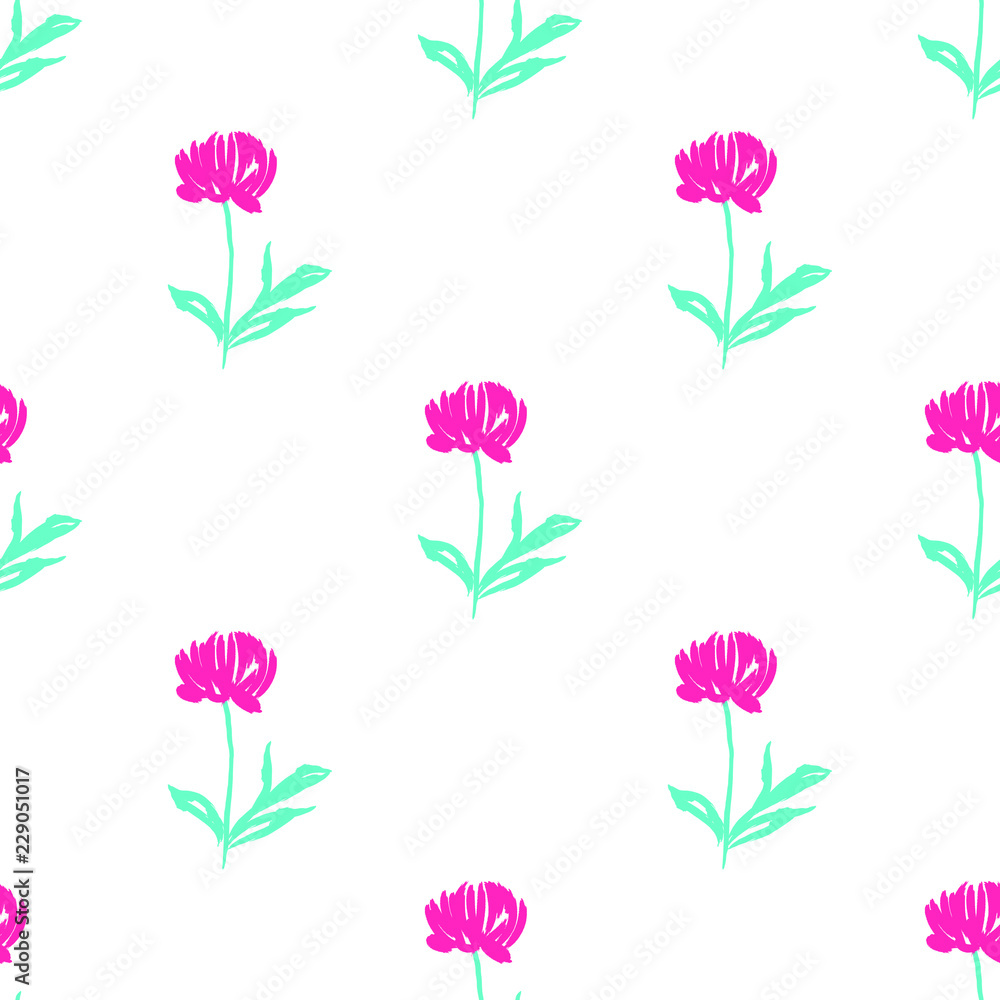 Vector Fantasy Painting Illustration cute Flowers and Brush Strokes Seamless Pattern Print