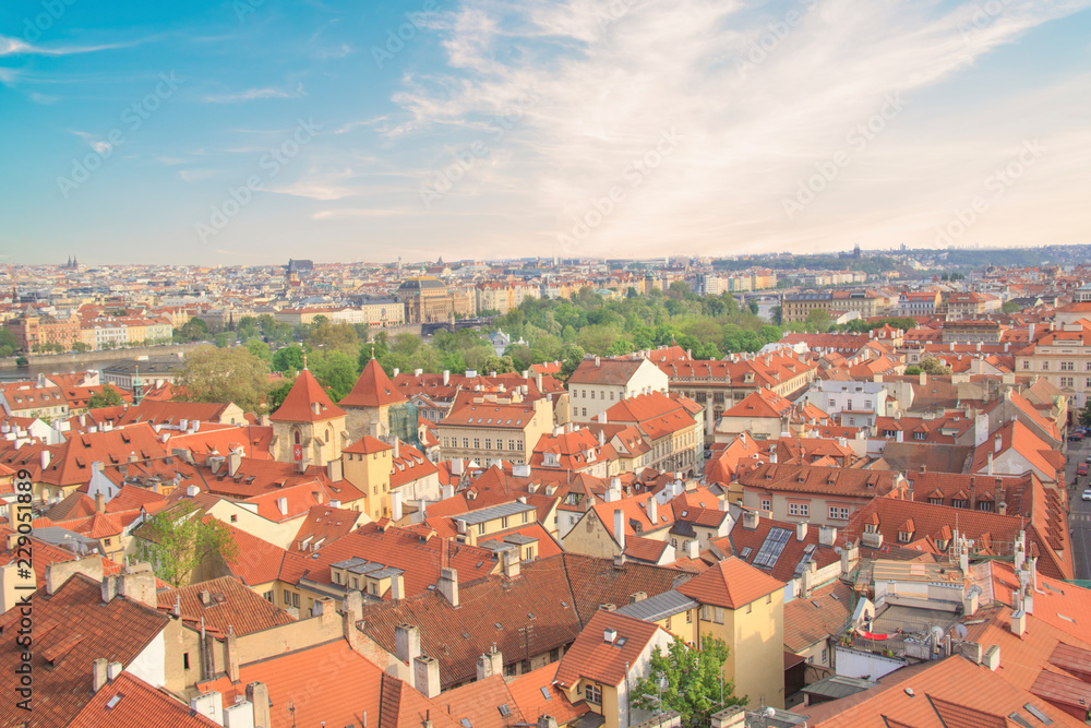 Fototapeta Beautiful view of tiled roofs in Prague's historic district, Czech Republic