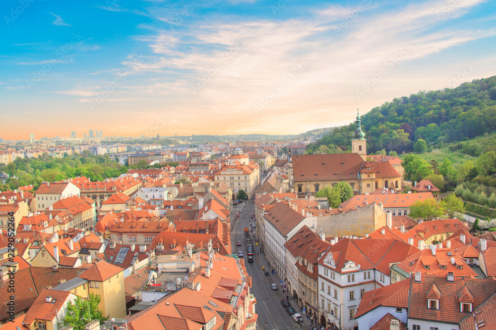 Beautiful view of tiled roofs in Prague's historic district, Czech Republic