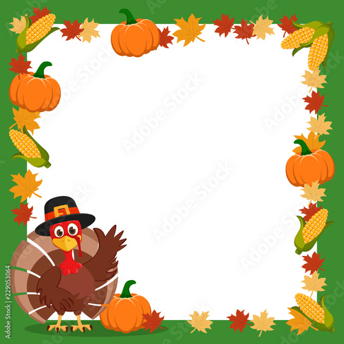 Turkey in a hat waving his wing next to the frame of autumn leaves and corn. Thanksgiving.