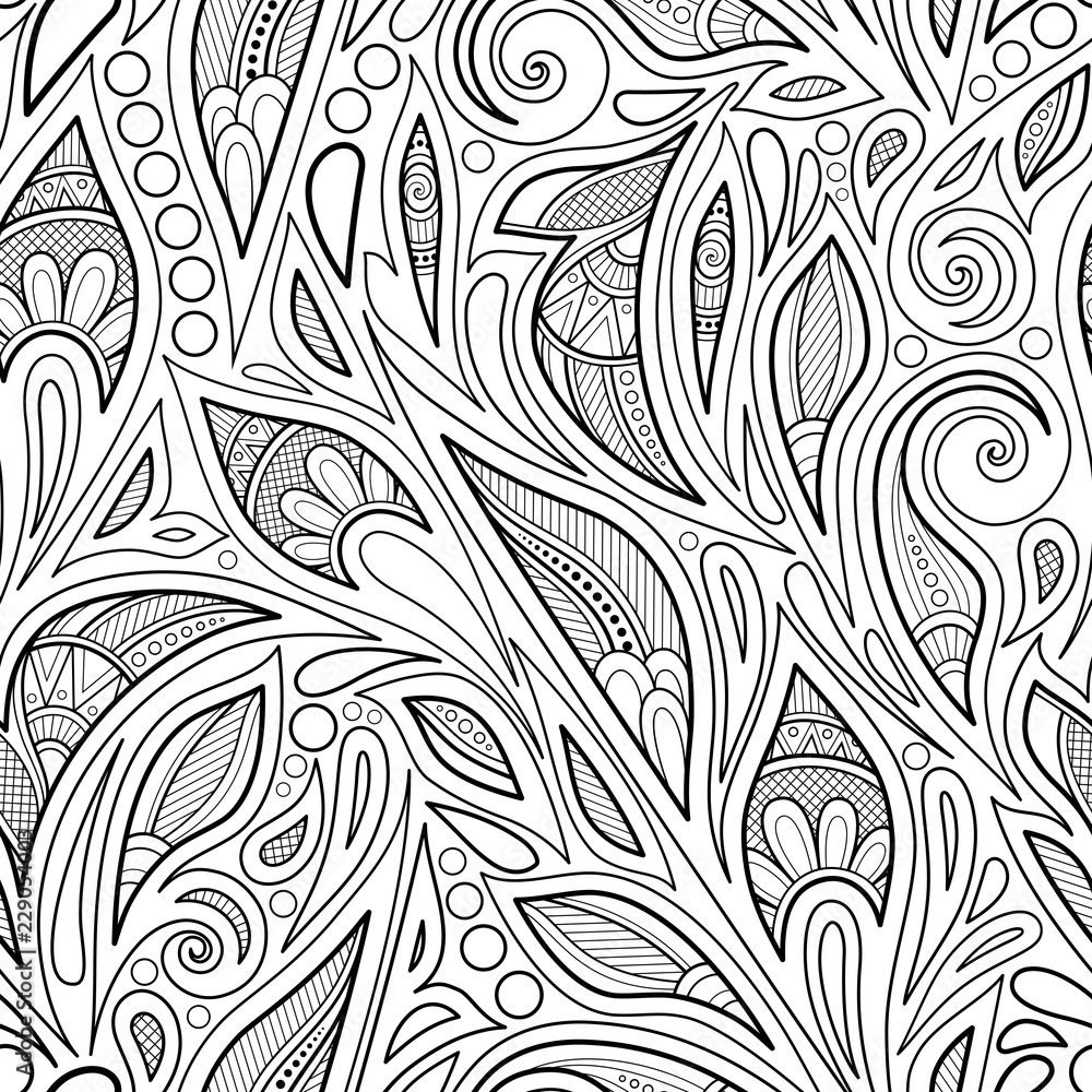 Monochrome Seamless Pattern with Floral Ethnic Motifs Monochrome Seamless Pattern with Floral Ethnic Motifs