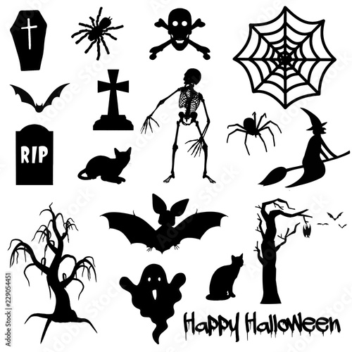 Black Halloween objects on white background (spider, bat, skeleton, cat, grave, cross, ghost, witch, cat)