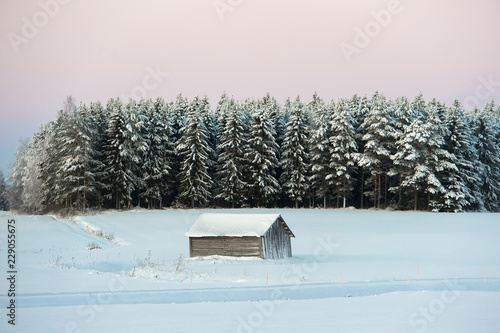 Barn in the snowy landscape