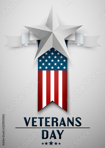 USA Veterans Day greeting card with Usa flag and star on white background. Honoring all who served. Vector illustration.